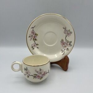 Vintage Homer Laughlin Demitasse Cup Saucer Eggshell Dogwood Floral Gold USA